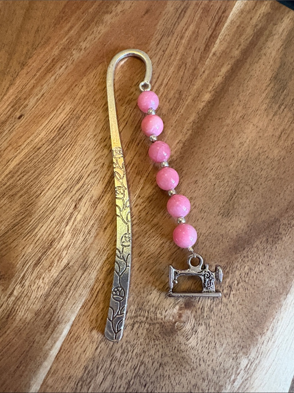 Handmade Silver Floral Bookmark with Pink Jade Beads and Sewing Machine Charm